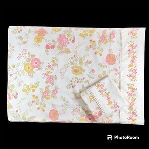 Pair Vtg Ely & Walker Muslin Pillowcases Floral Rose Raspberry Cream Cottagecore